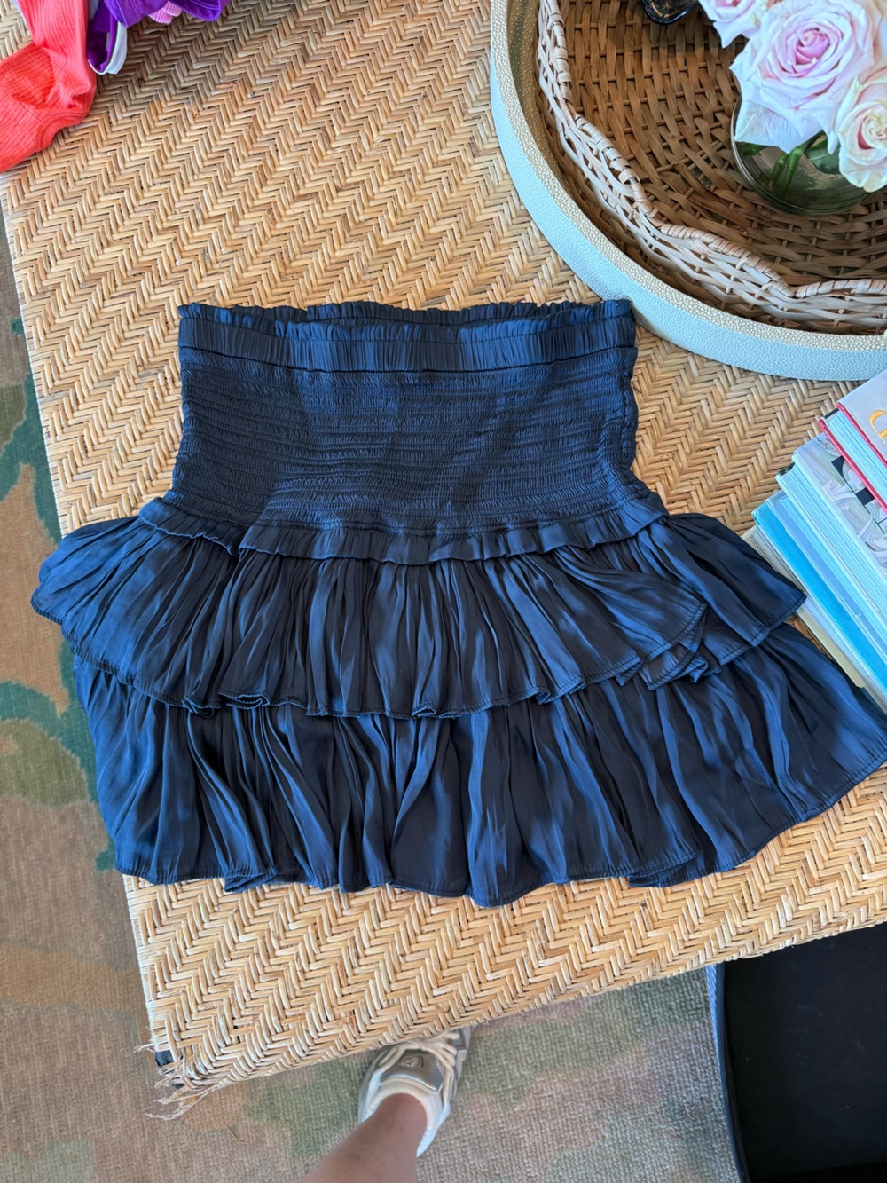 Smocked Waist Navy Blue Ruffled Skater Skirt